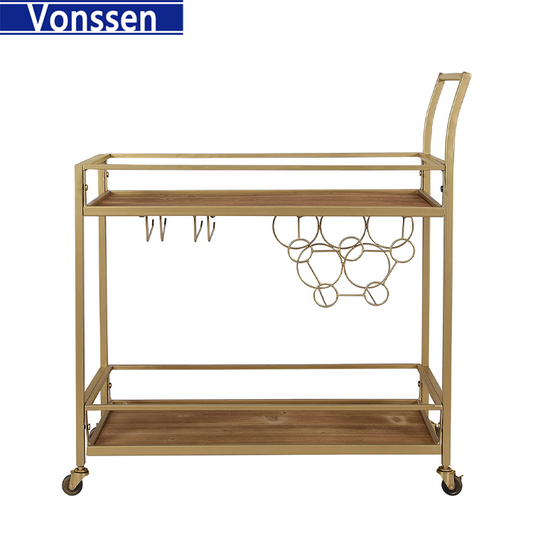 Vonssen Gold and Brown Francesca Bar Cart 2 Tier Mobile Mini Bar Kitchen Serving Cart and Coffee Station with Storage for Wine and Glasses Metal and Wood Modern VS1030800014