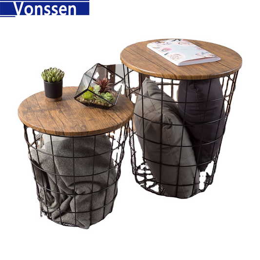 Vonssen Black Brown 2-Piece Nesting Veneer Metal and Wood Round Accent Table Set VS1010400004