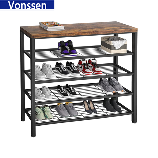 Vonssen Shoe Rack Industrial Shoe Storage Organizer Large 5-Tier Metal Shoe Rack Shelves with Wood Board Entryway Table for Hallway Living Room Closet Bedroom VS1060200022