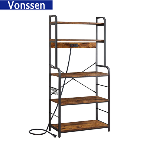 Vonssen Bakers Rack with Power Outlet Microwave Stand Coffee Bar with Wire Basket Kitchen Storage Rack with 6 S-Hooks Kitchen Shelves for Spices Pots and Pans VS1031403011