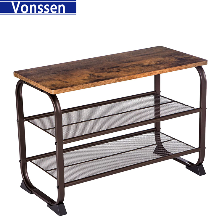 Vonssen Industrial 3 Tier Wood Top Shoe Rack with Metal Base Black and Brown VS1060200020