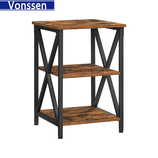 Vonssen End Table Side Table with Storage Nightstand with X-Shaped Steel Frame Rustic Table for Living Room Bedroom Farmhouse 3-Tier Rustic Brown and Black VS1010400040