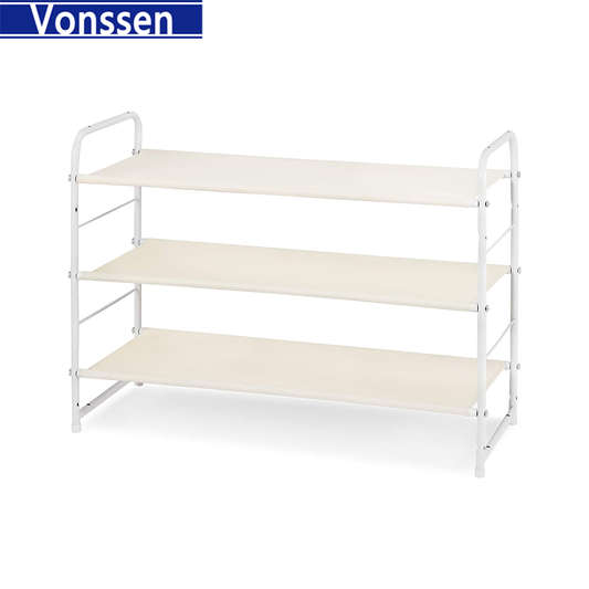 Vonssen Simple Trending 3-Tier Stackable Shoe Rack Expandable & Adjustable Fabric Shoe Shelf Storage Organizer VS1060200014