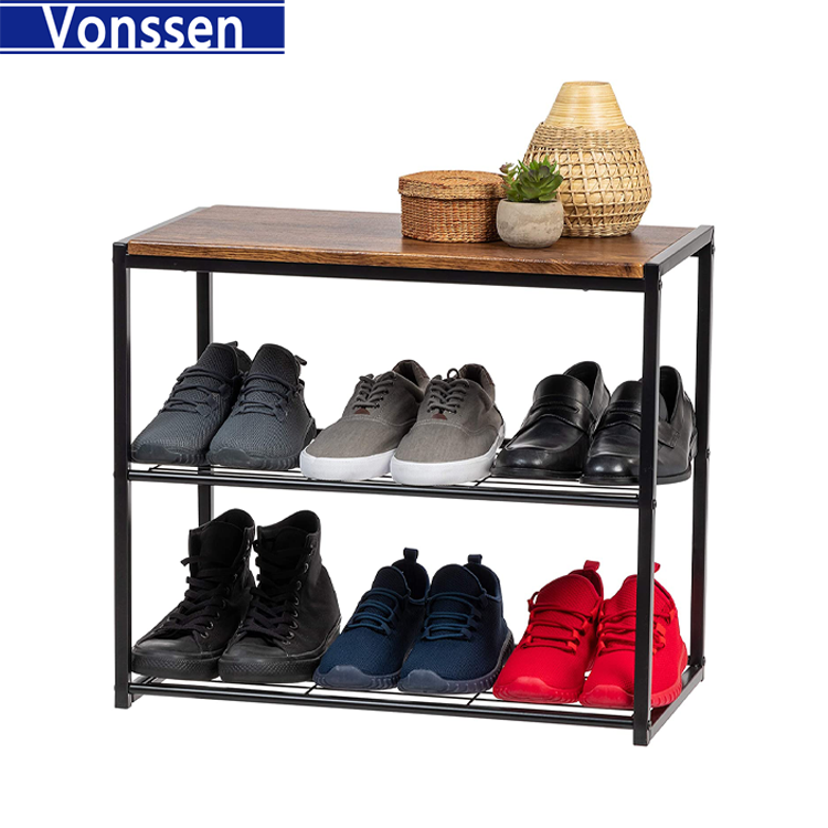 Vonssen 3-Tier Shoe Bench for Entryway 6 Pairs Extendable Shoe Organizer for Closet Stackable Shoe Storage Organizer Wood and Metal Shoe Rack Bench VS1060200021