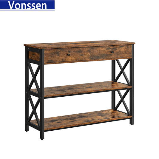 Vonssen Console Table Entryway Table with Storage Shelves Drawers Sofa Table with Metal Frame Farmhouse Industrial Style Rustic Brown and Black VS1010400004