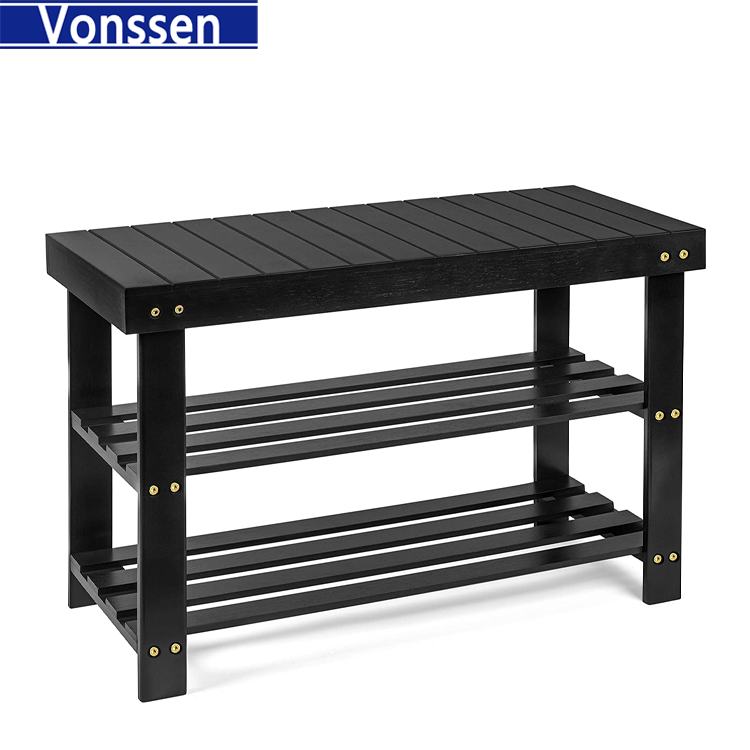 Vonssen 17.7 in. H 6-Pair Black Bamboo Shoe Rack Bench 3-Tier Storage Shelf VS1060200015