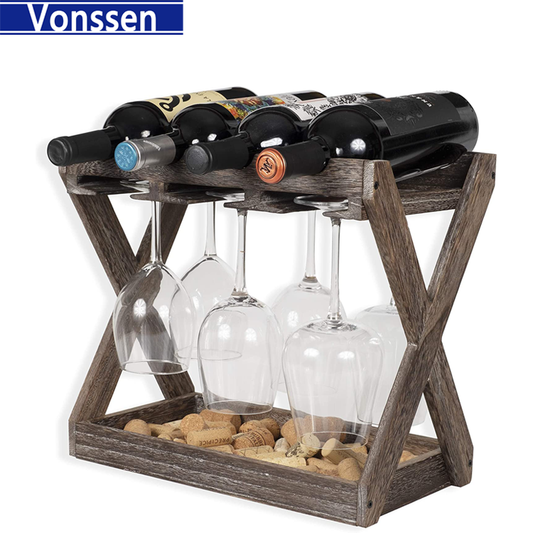 Vonssen Countertop Solid Wood Wine Rack for 4 Bottles and 6 Stemware Glass Holder Cork Storage Tabletop Tray Freestanding Organizer  VS1031700011