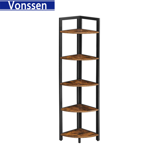 Vonssen 5 Tier Corner Shelf Stand Corner Bookshelf Tall Corner Storage Shelves Industrial Rack Plant Stand for Living Room Bedroom Home Office Rustic Brown and Black VS1050200026