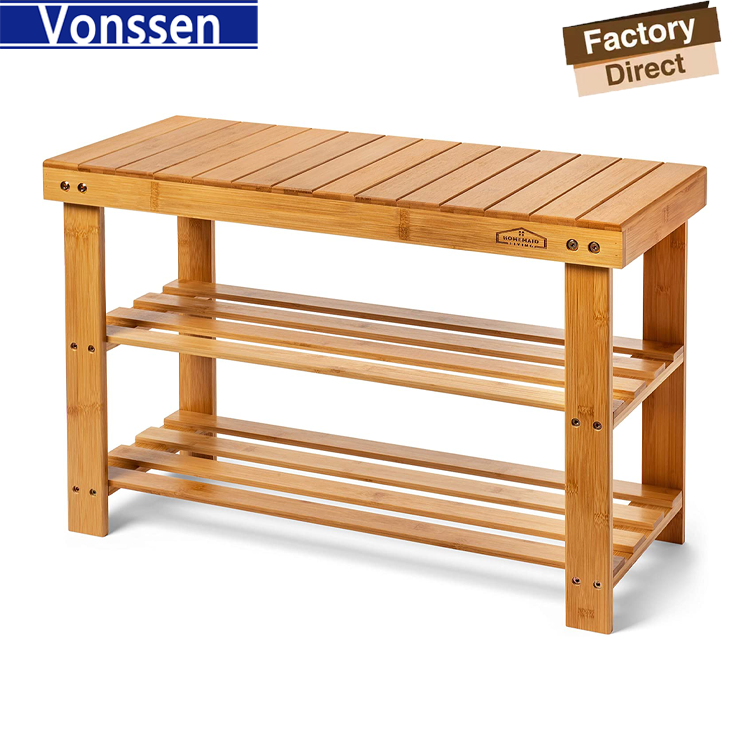 Vonssen 3 Tier Bamboo Shoe Rack Bench Storage Shelf Organizer Entryway Home Furni New-Bamboo Shoe Rack Bench Bamboo Bench Shoe Rack Shoe Rack VS1060200017