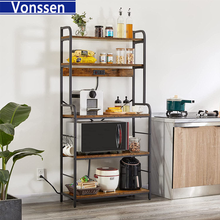 Vonssen Bakers Rack with Power Outlet Microwave Stand Coffee Bar with Wire Basket Kitchen Storage Rack with 6 S-Hooks Kitchen Shelves for Spices Pots and Pans VS1031403011