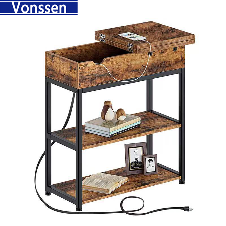 Vonssen end Table with Charging Station Nightstand Sofa Table for Living Room Bedroom Rustic Brown VS1010400090 --