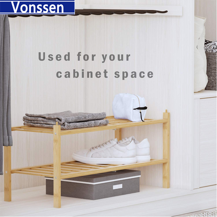 Vonssen 2-Tier Bamboo Shoe Rack Premium Stackable Shoe shelf Storage Organizer For Hallway Closet Living Room Entryway Organizer Natural Bamboo VS1060200013