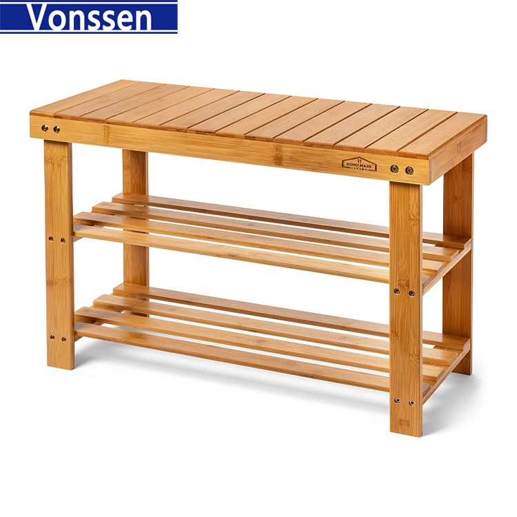 Vonssen 3 Tier Bamboo Shoe Rack Bench Storage Shelf Organizer Entryway Home Furni New-Bamboo Shoe Rack Bench Bamboo Bench Shoe Rack Shoe Rack VS1060200017