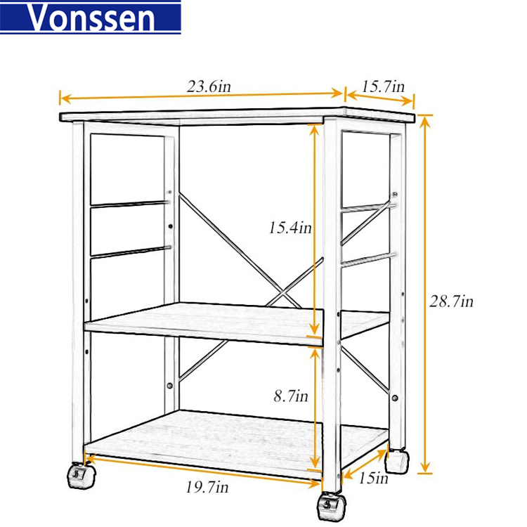 Vonssen Coffee Bar, 24 inch Bakers Rack Microwave Stand with Storage Shelves and Wheels for Small Space, Rolling Kitchen Shelves Organizers Microwave Cart Coffee Cart Coffee Station Table for Home Kitchen VS1031403025