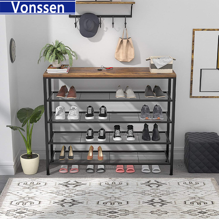 Vonssen Shoe Rack Industrial Shoe Storage Organizer Large 5-Tier Metal Shoe Rack Shelves with Wood Board Entryway Table for Hallway Living Room Closet Bedroom VS1060200022