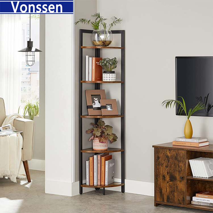 Vonssen 5 Tier Corner Shelf Stand Corner Bookshelf Tall Corner Storage Shelves Industrial Rack Plant Stand for Living Room Bedroom Home Office Rustic Brown and Black VS1050200026