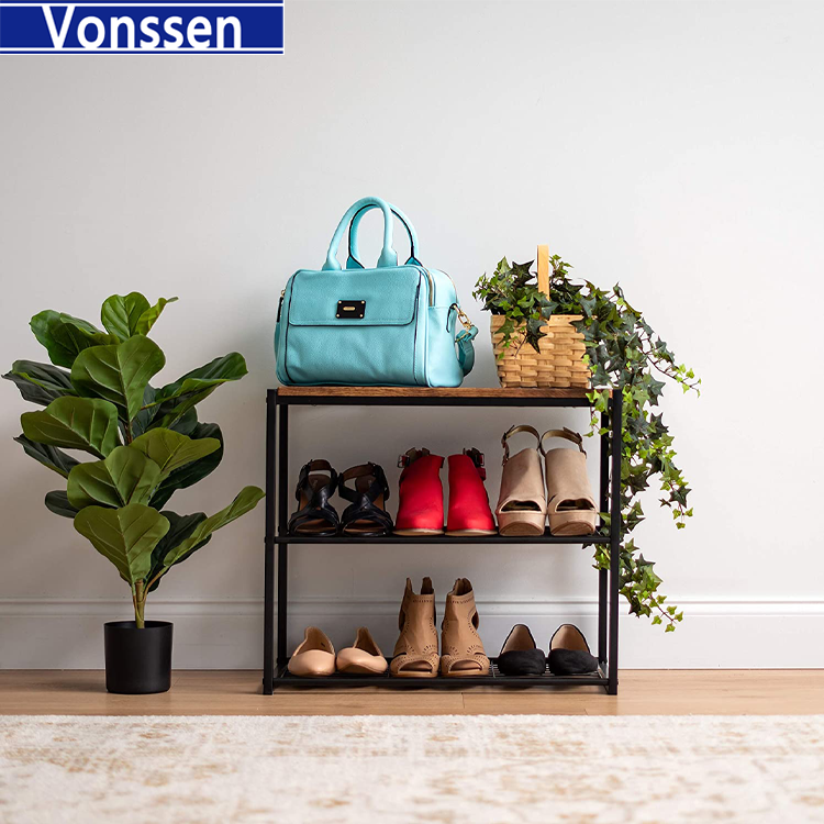 Vonssen 3-Tier Shoe Bench for Entryway 6 Pairs Extendable Shoe Organizer for Closet Stackable Shoe Storage Organizer Wood and Metal Shoe Rack Bench VS1060200021