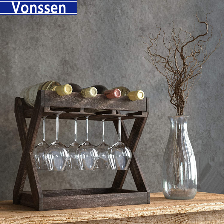 Vonssen Countertop Solid Wood Wine Rack for 4 Bottles and 6 Stemware Glass Holder Cork Storage Tabletop Tray Freestanding Organizer  VS1031700011