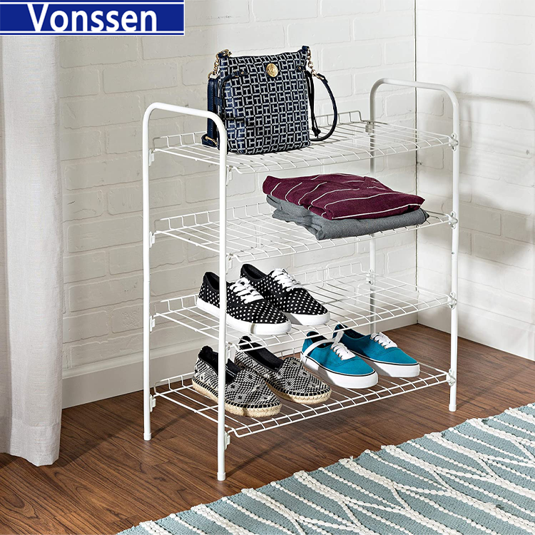 Vonssen 4-Tier Wire Shoe Rack White Simple Assemble Storage Shelf for Organization in Bedroom/Closet VS1060200018