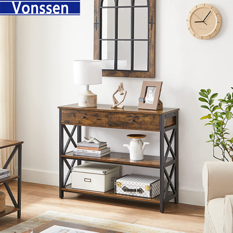 Vonssen Console Table Entryway Table with Storage Shelves Drawers Sofa Table with Metal Frame Farmhouse Industrial Style Rustic Brown and Black VS1010400004