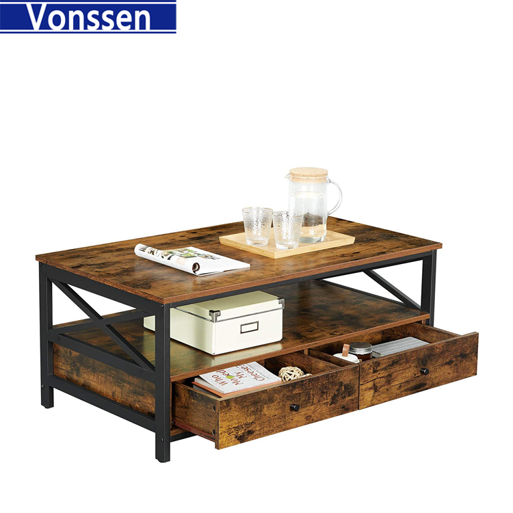 Vonssen Rustic Brown Cocktail Table Industrial Wood Top Metal Frame Coffee Table with Storage Shelf VS1010400087