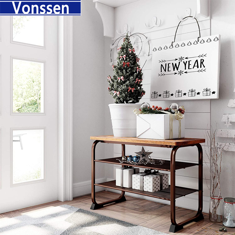 Vonssen Industrial 3 Tier Wood Top Shoe Rack with Metal Base Black and Brown VS1060200020