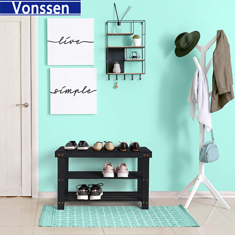 Vonssen 17.7 in. H 6-Pair Black Bamboo Shoe Rack Bench 3-Tier Storage Shelf VS1060200015