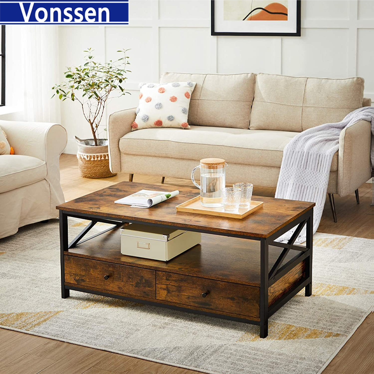 Vonssen Rustic Brown Cocktail Table Industrial Wood Top Metal Frame Coffee Table with Storage Shelf VS1010400087