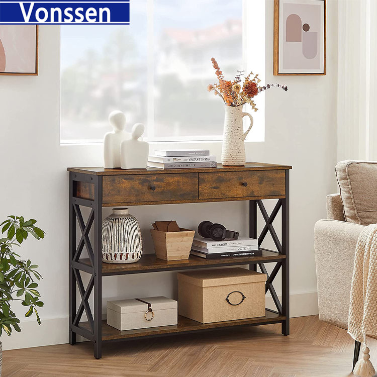 Vonssen Console Table Entryway Table with Storage Shelves Drawers Sofa Table with Metal Frame Farmhouse Industrial Style Rustic Brown and Black VS1010400004