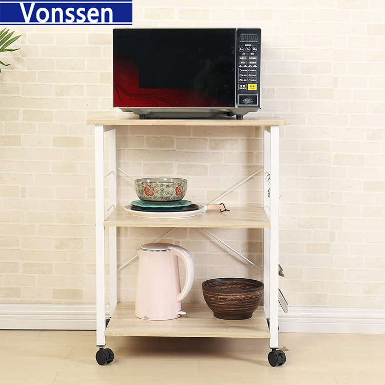 Vonssen Coffee Bar, 24 inch Bakers Rack Microwave Stand with Storage Shelves and Wheels for Small Space, Rolling Kitchen Shelves Organizers Microwave Cart Coffee Cart Coffee Station Table for Home Kitchen VS1031403025