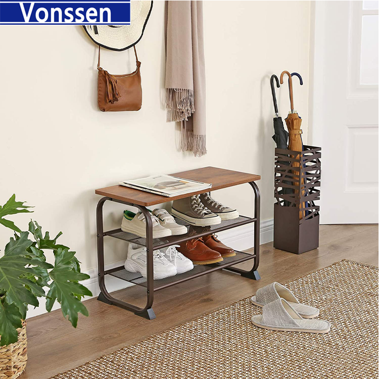 Vonssen Industrial 3 Tier Wood Top Shoe Rack with Metal Base Black and Brown VS1060200020