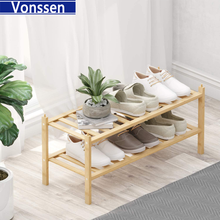 Vonssen 2-Tier Bamboo Shoe Rack Premium Stackable Shoe shelf Storage Organizer For Hallway Closet Living Room Entryway Organizer Natural Bamboo VS1060200013