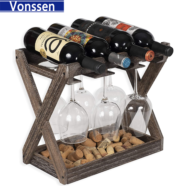 Vonssen Countertop Solid Wood Wine Rack for 4 Bottles and 6 Stemware Glass Holder Cork Storage Tabletop Tray Freestanding Organizer  VS1031700011