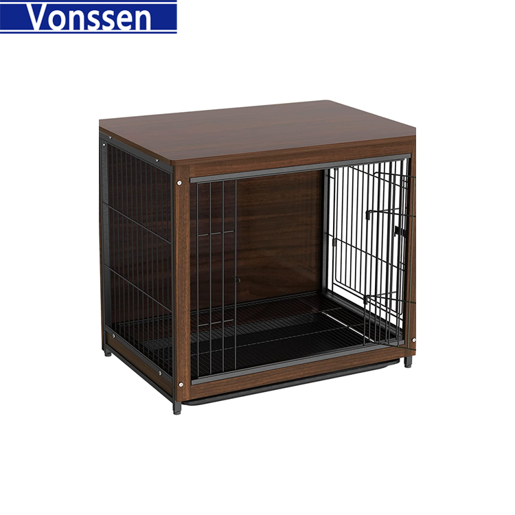 Vonssen Wooden Dog Crate Furniture: 38 inch Nightstand Style Animal Crates with Tray - Indoor Pet Training Pen Cage with Wood Top Double Gate Cute Escape Chew Proof Walnut Brown VS3010100006