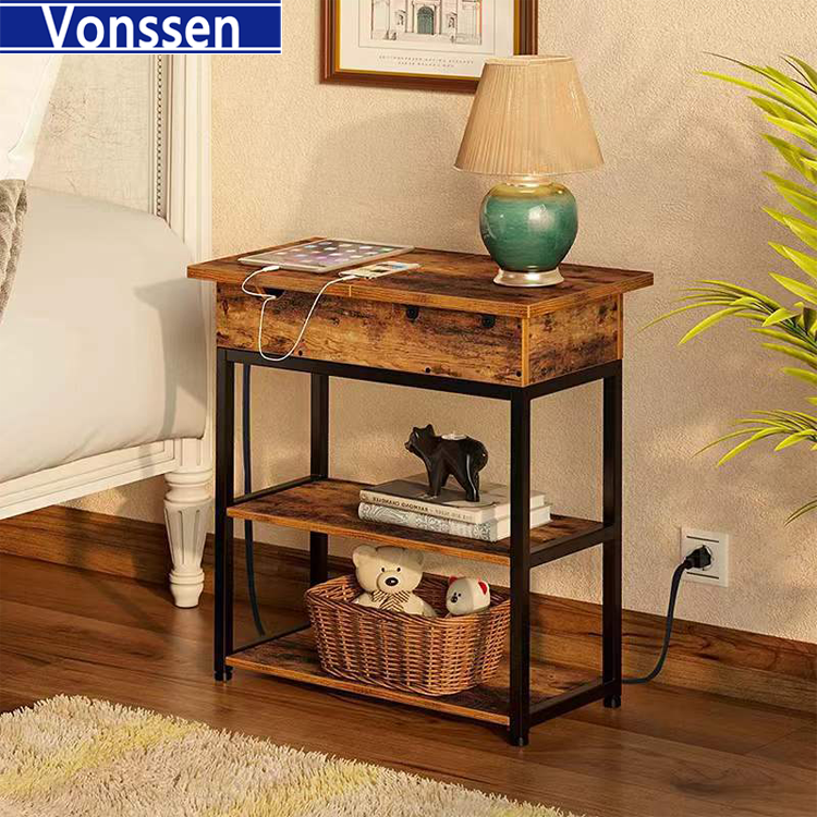 Vonssen end Table with Charging Station Nightstand Sofa Table for Living Room Bedroom Rustic Brown VS1010400090 --