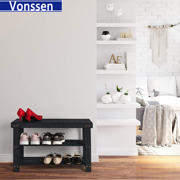 Vonssen 17.7 in. H 6-Pair Black Bamboo Shoe Rack Bench 3-Tier Storage Shelf VS1060200015