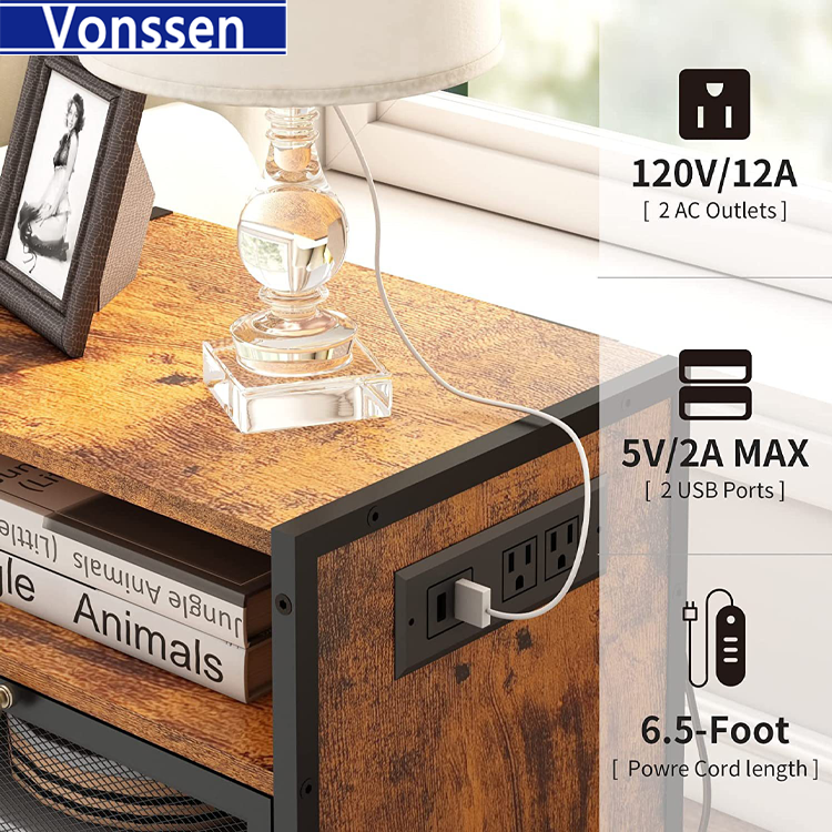 Vonssen Nightstand with Charging Station Bedside Tables with 3 Tiers Storage Space and Door End Tables with USB Ports and Outlets for Bedroom Living Room Brown VS1010400122 --