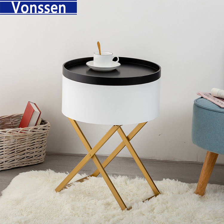 Vonssen Side Table Round Coffee Table with Tray End Table Wooden Sofa Table Rotatable Small Storage Organizer X-shaped metal table legs VS1010400085