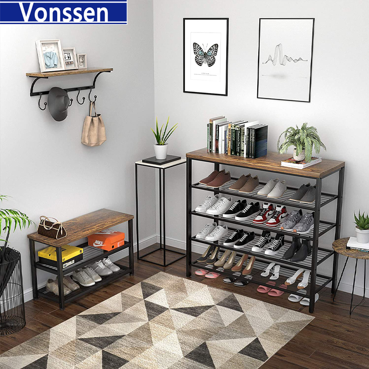 Vonssen Shoe Rack Industrial Shoe Storage Organizer Large 5-Tier Metal Shoe Rack Shelves with Wood Board Entryway Table for Hallway Living Room Closet Bedroom VS1060200022