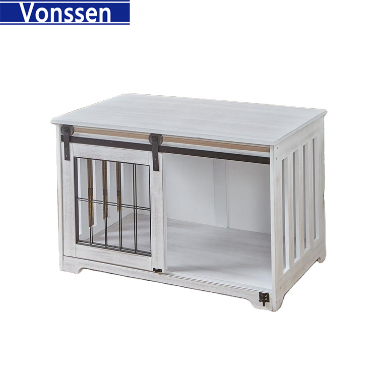 Vonssen Barn Door Pet Crate End Table with Sliding Door for Dogs Cats (White) VS3010100001