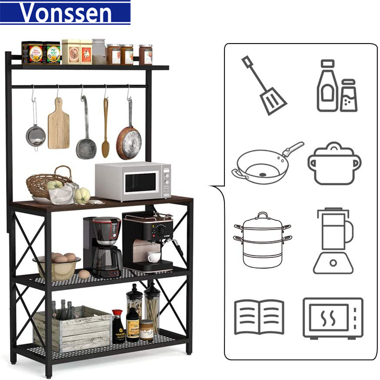 Vonssen Bestier Industrial 63 inch 5 Tier Kitchen Baker's Rack with Hooks Black VS1031403010