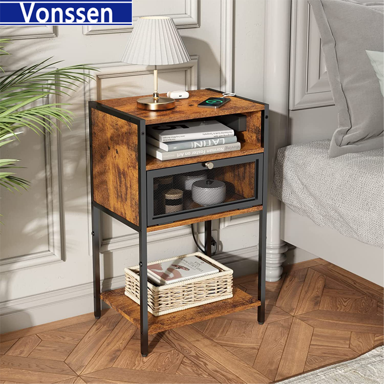 Vonssen Nightstand with Charging Station Bedside Tables with 3 Tiers Storage Space and Door End Tables with USB Ports and Outlets for Bedroom Living Room Brown VS1010400122 --