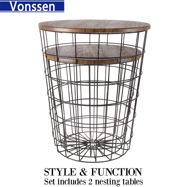 Vonssen Black Brown 2-Piece Nesting Veneer Metal and Wood Round Accent Table Set VS1010400004