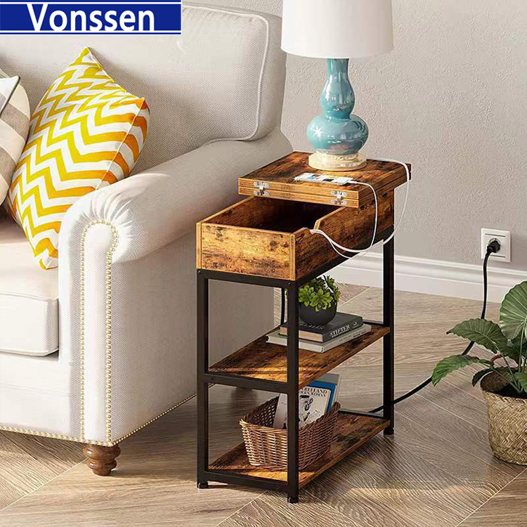 Vonssen end Table with Charging Station Nightstand Sofa Table for Living Room Bedroom Rustic Brown VS1010400090 --