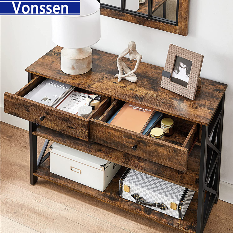 Vonssen Console Table Entryway Table with Storage Shelves Drawers Sofa Table with Metal Frame Farmhouse Industrial Style Rustic Brown and Black VS1010400004