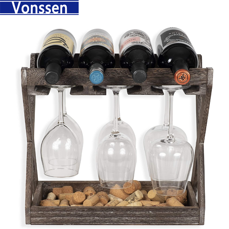 Vonssen Countertop Solid Wood Wine Rack for 4 Bottles and 6 Stemware Glass Holder Cork Storage Tabletop Tray Freestanding Organizer  VS1031700011