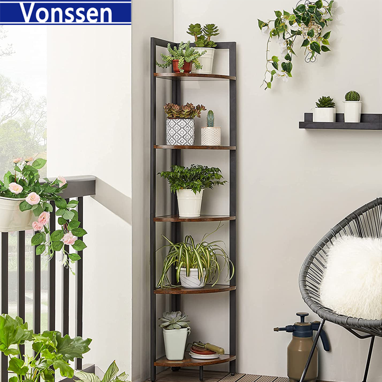 Vonssen 5 Tier Corner Shelf Stand Corner Bookshelf Tall Corner Storage Shelves Industrial Rack Plant Stand for Living Room Bedroom Home Office Rustic Brown and Black VS1050200026