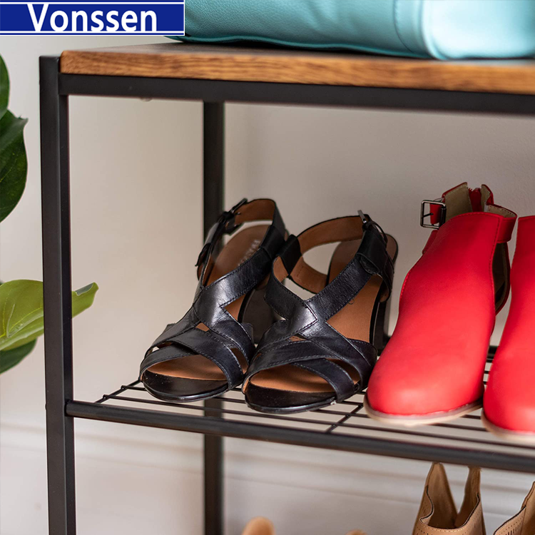 Vonssen 3-Tier Shoe Bench for Entryway 6 Pairs Extendable Shoe Organizer for Closet Stackable Shoe Storage Organizer Wood and Metal Shoe Rack Bench VS1060200021