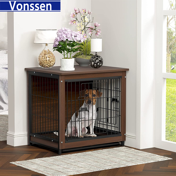 Vonssen Wooden Dog Crate Furniture: 38 inch Nightstand Style Animal Crates with Tray - Indoor Pet Training Pen Cage with Wood Top Double Gate Cute Escape Chew Proof Walnut Brown VS3010100006