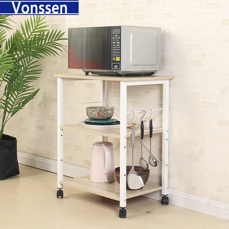 Vonssen Coffee Bar, 24 inch Bakers Rack Microwave Stand with Storage Shelves and Wheels for Small Space, Rolling Kitchen Shelves Organizers Microwave Cart Coffee Cart Coffee Station Table for Home Kitchen VS1031403025